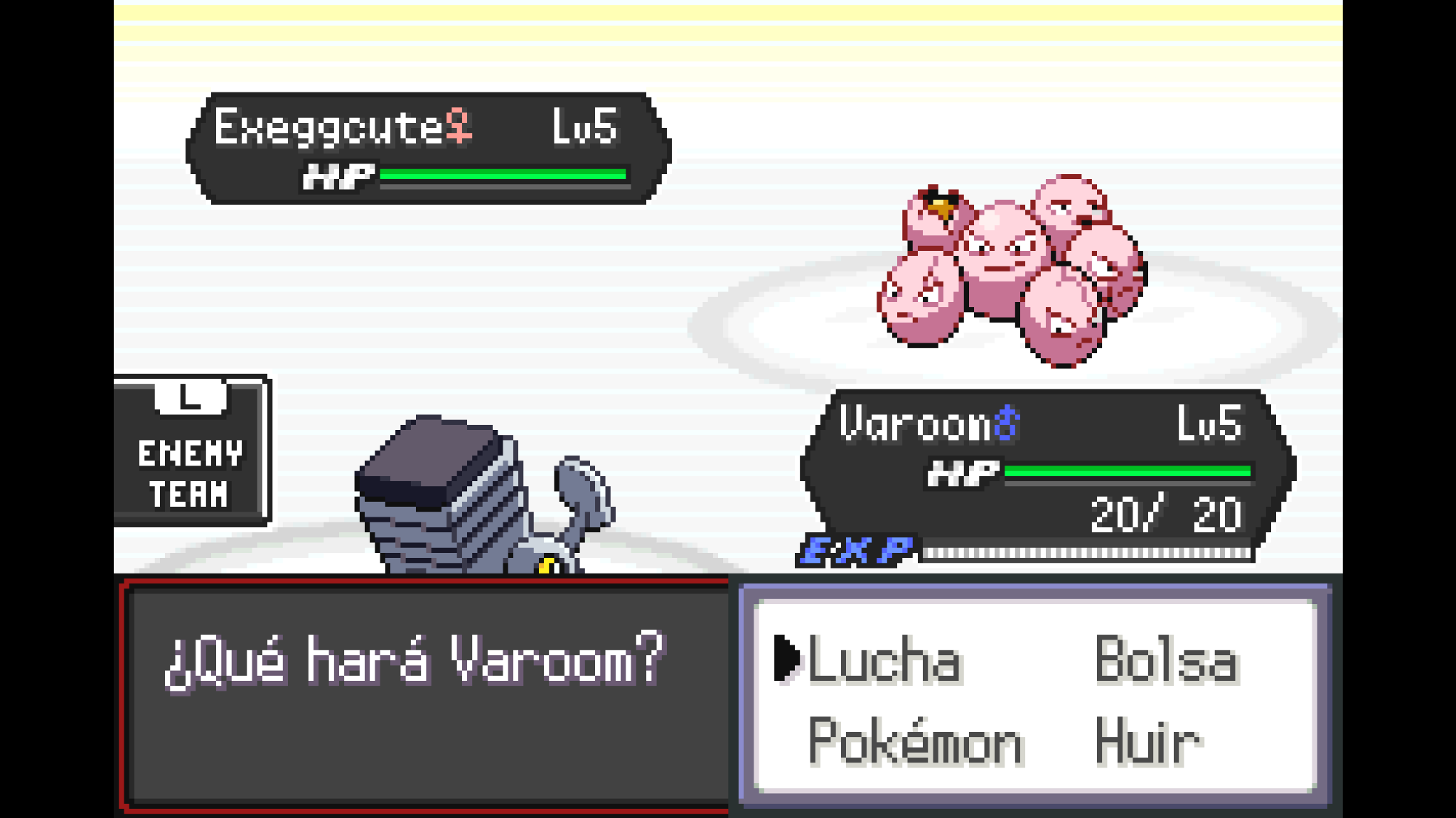 Varoom contra Exeggcute con opciones en español