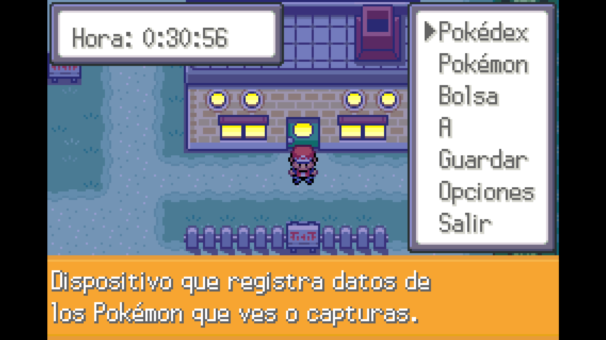 Menú del juego con Pokédex, Pokémon, Bolsa y Guardar