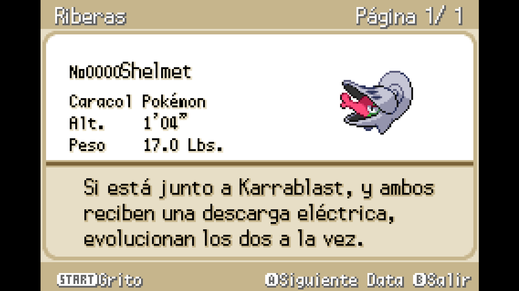 Entrada de Shelmet en la Pokédex en español